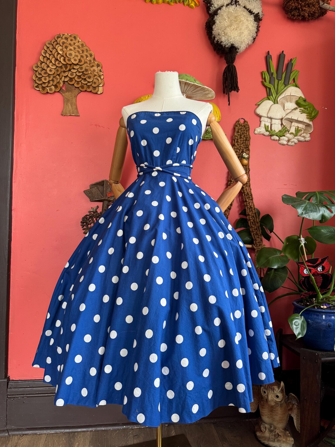 1950s Blue Polkadot Strapless Circle Skirt Dress