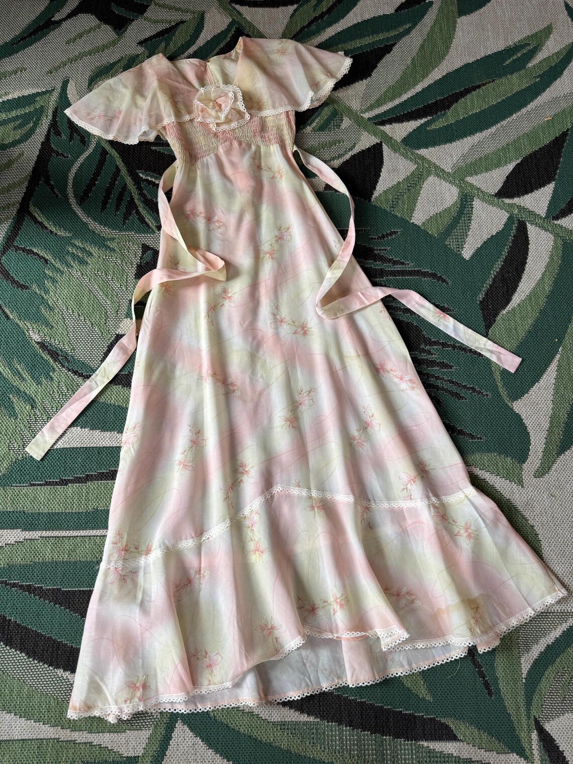 1970s Pink and Cream Hazy Floral Maxi Dress