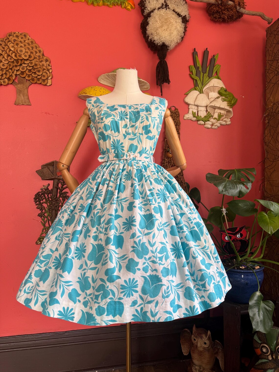 1950s Blue and White Floral Pleated Bodice Fit and Flare Dress