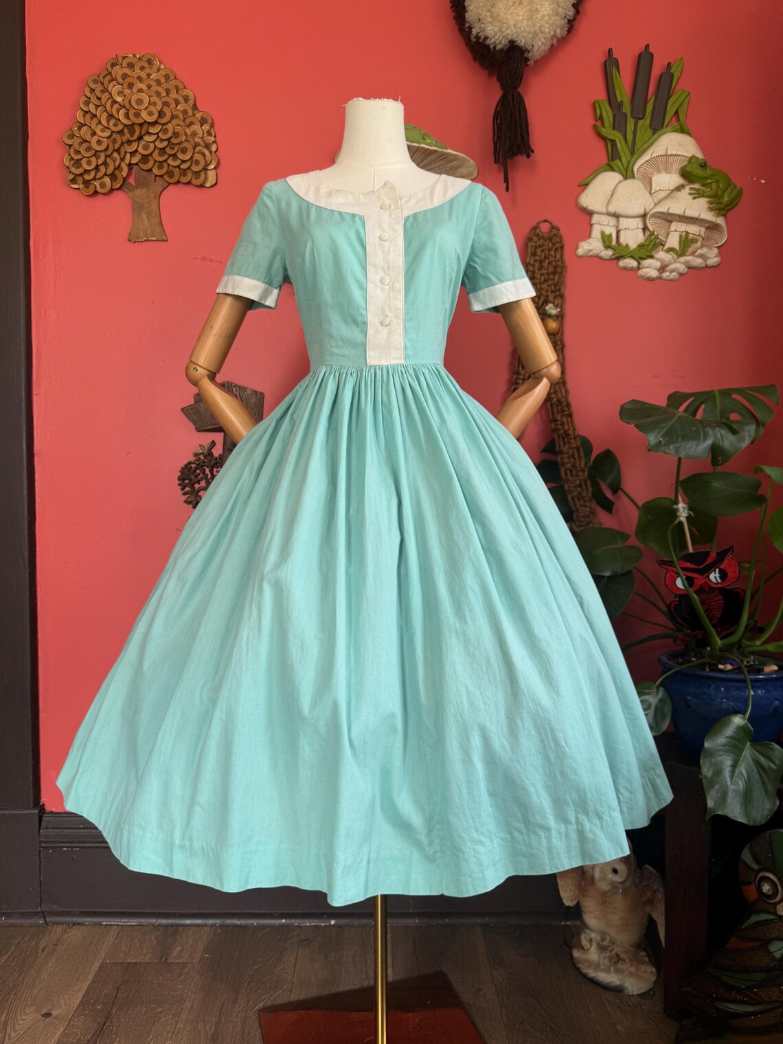 1950s Robin Egg Blue and White Fit and Flare Shirt Dress