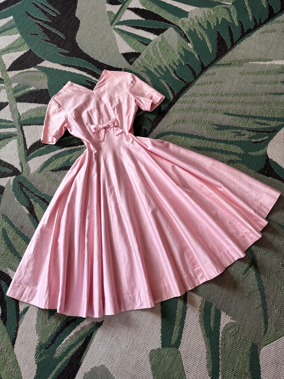 1950s Pink Polished Cotton Back Button Fit and Flare Dress