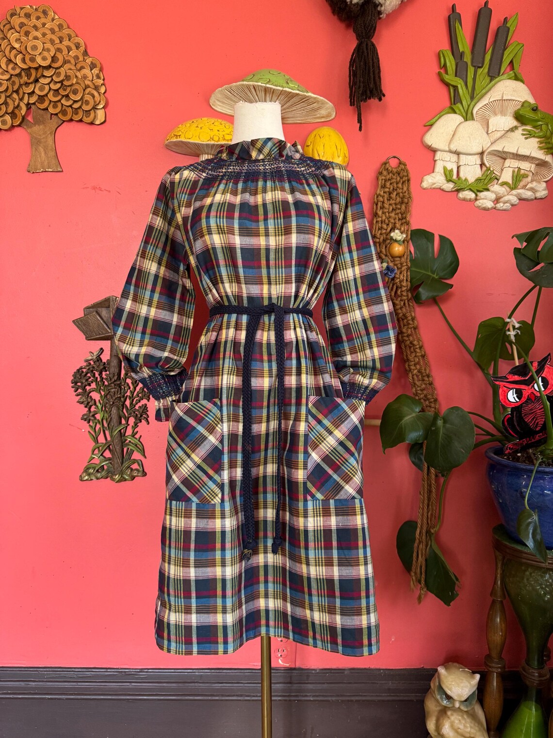 1960s Jewel Tone Smocked Shift Dress