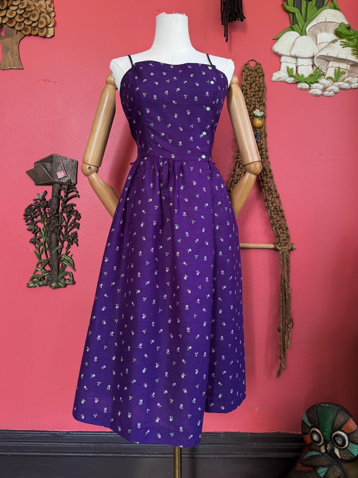 1970s Purple Ditsy Floral Print Sundress