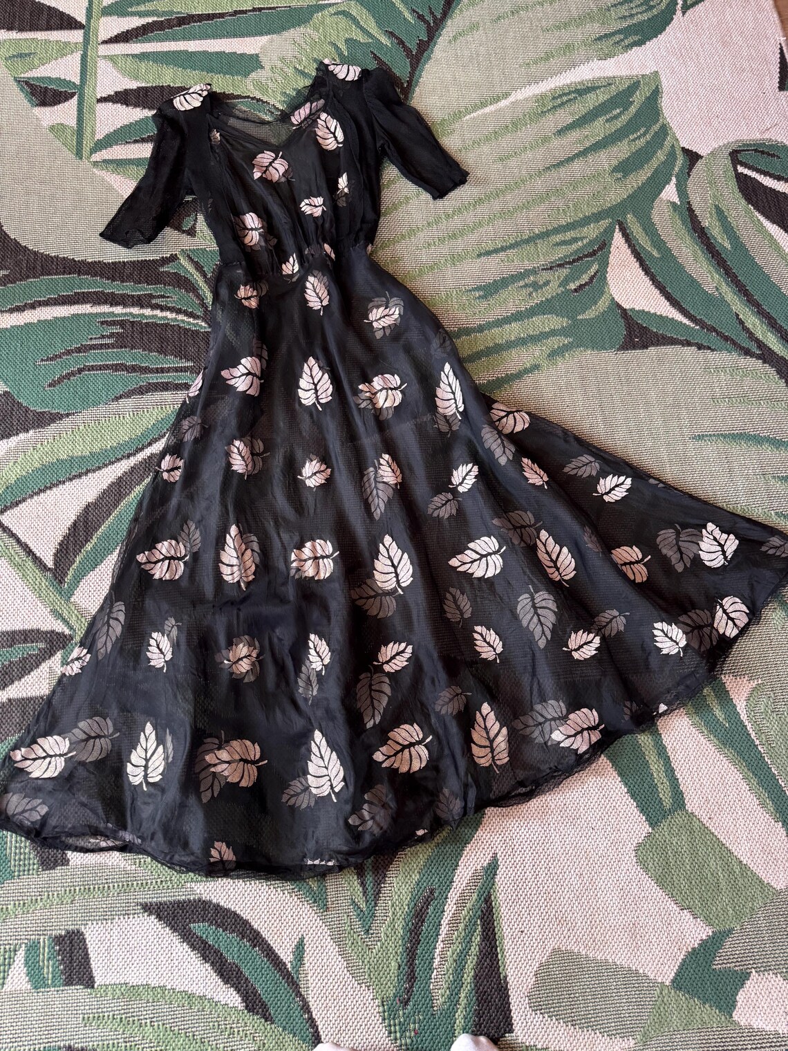 1930s Black and White Flocked Sheer Dress