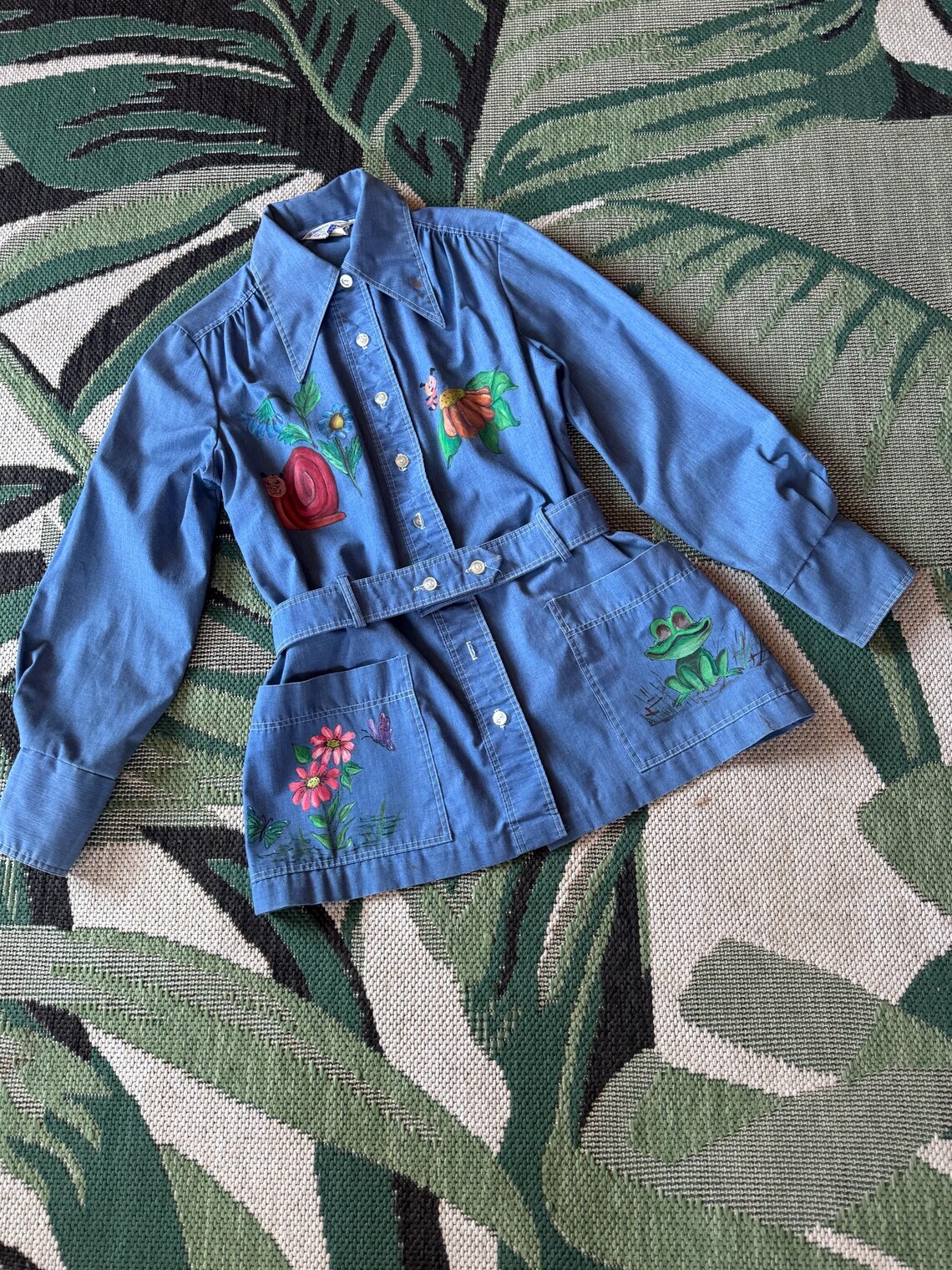 1960s early 1970s Hand Painted Animal Print Belted Button Up Shirt