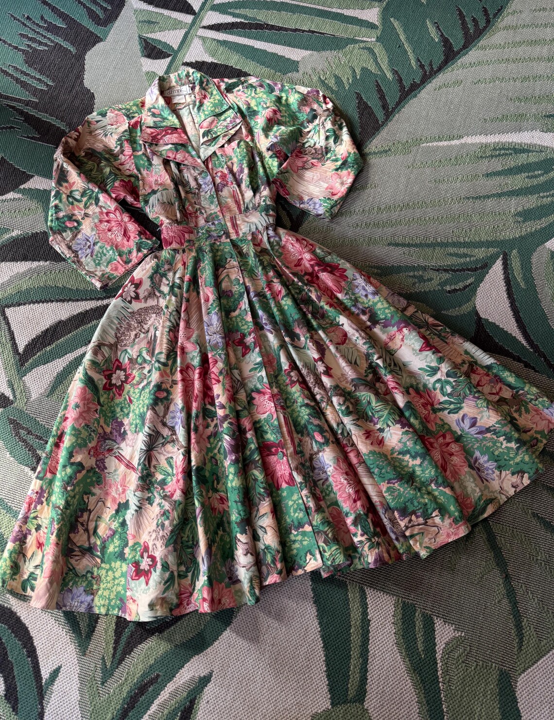 1980s Polished Cotton Safari Print Fit and Flare Dress